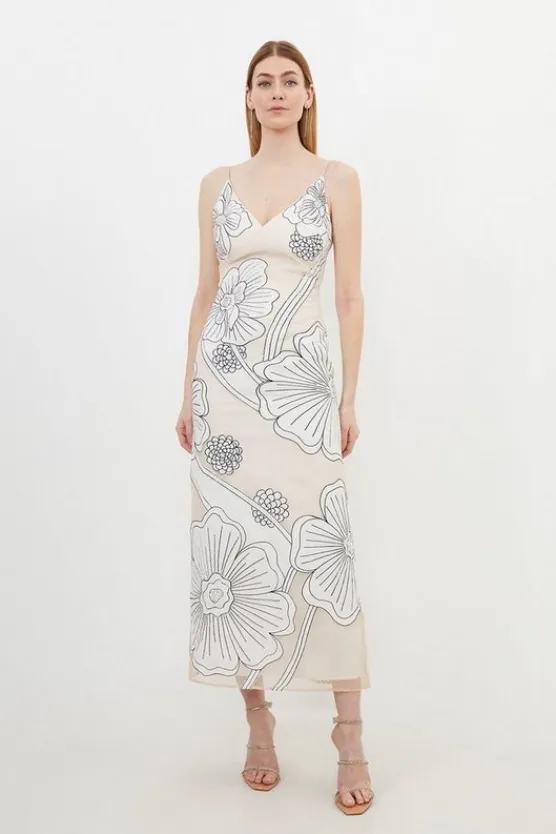 Karen Millen Petite Applique Organdie Satin Woven Midi Dress blush New