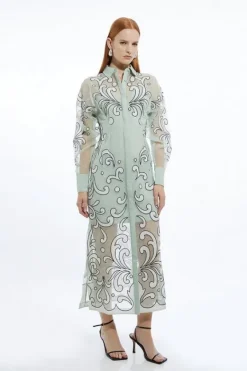 Karen Millen Petite Applique Organdie Woven Midi Shirt Dress sage Online