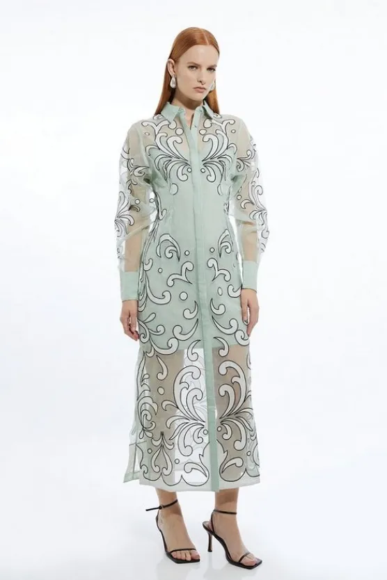 Karen Millen Petite Applique Organdie Woven Midi Shirt Dress sage Online