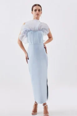 Karen Millen Petite Bandage Figure Form Knit Organza Frill Midaxi Dress paleblue Discount