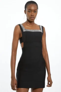 Karen Millen Petite Bandage Figure Form Knit Embellished Square Neck Mini Dress black Clearance
