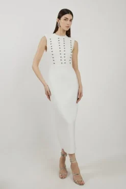 Karen Millen Petite Bandage Figure Form Military Detail Maxi Dress cream Clearance