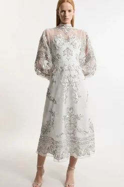 Karen Millen Petite Baroque Organdie Applique Buttoned Woven Maxi Dress silver Clearance