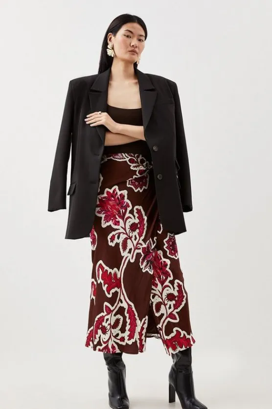 Karen Millen Petite Batik Viscose Satin Woven Maxi Skirt floral Fashion