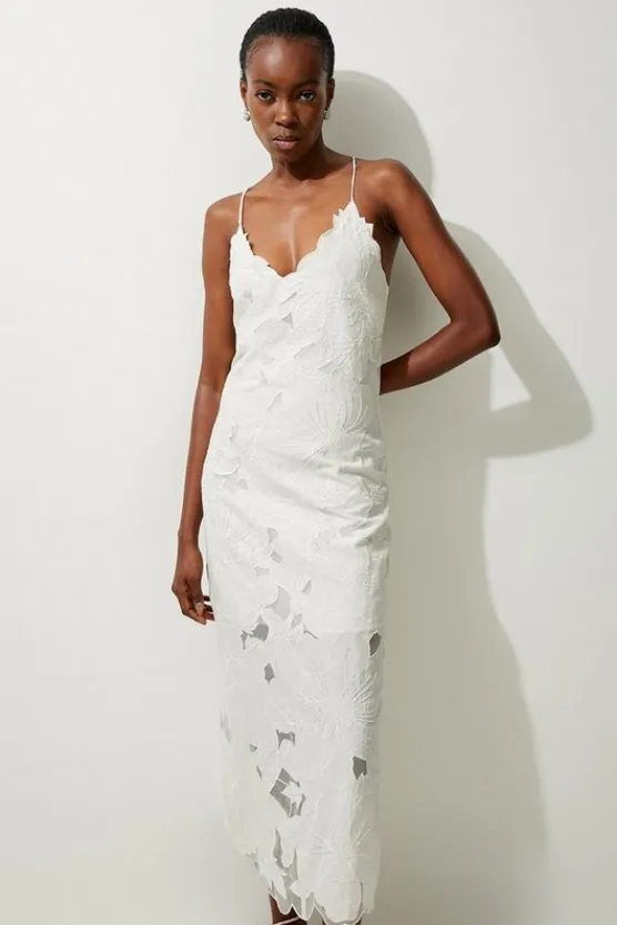 Karen Millen Petite Beaded Cotton Organdie Cutwork Woven Strappy Midi Dress white Online