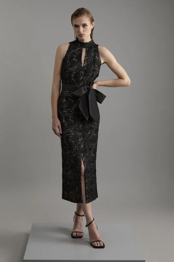 Karen Millen Petite Beaded Textured Lace Halter Woven Maxi Dress black Clearance