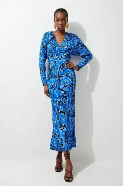 Karen Millen Petite Leaf Woven Collared Maxi Dress blue Fashion