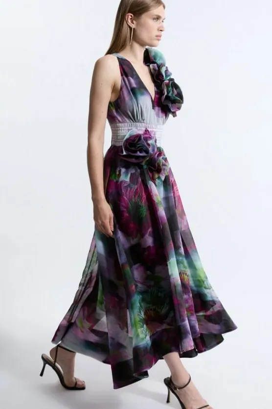 Karen Millen Petite Blurred Organdie Rosette Detail Midaxi Dress floral Online