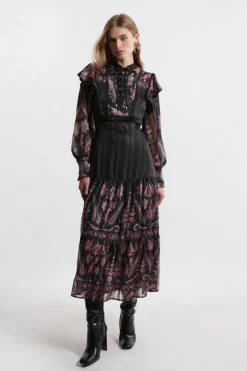 Karen Millen Petite Boho Woven Maxi Dress With Lace Front Detail floral Discount