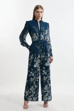 Karen Millen Petite Border Print Viscose Piped Woven Wide Leg Pants darknavy Online