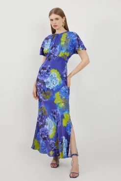 Karen Millen Petite Bright Floral Print Satin Back Crepe Woven Maxi Dress purple New