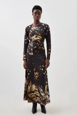 Karen Millen Petite Butterfly Print Asymmetric Jersey Crepe Maxi Dress black Outlet