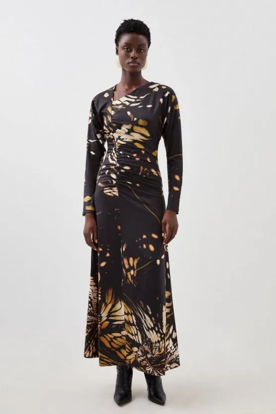 Karen Millen Petite Butterfly Print Asymmetric Jersey Crepe Maxi Dress black Outlet