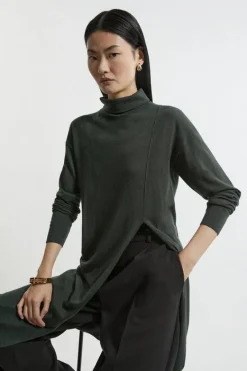 Karen Millen Petite Cashmere Blend Deep Slip Longline Knit Top olive Clearance