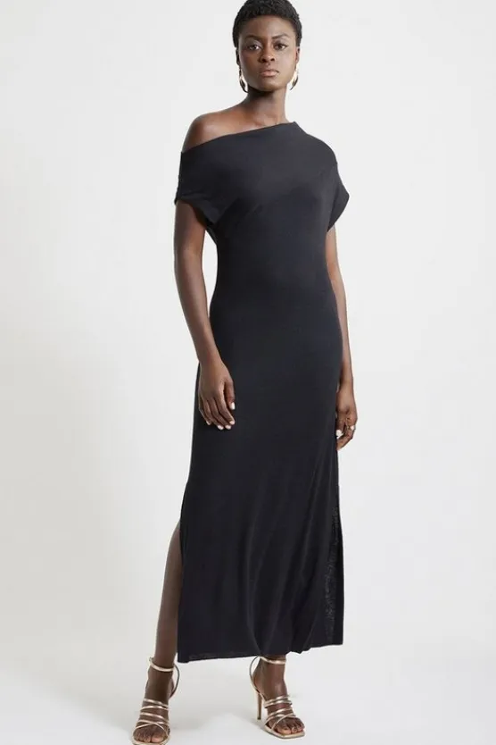 Karen Millen Petite Cashmere Blend One Off The Shoulder Midaxi Dress black Discount