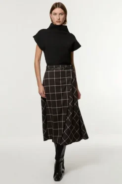 Karen Millen Petite Check Pleated Kilt Belted Midi Skirt brown Best