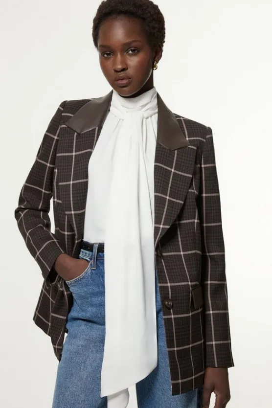 Karen Millen Petite Check Pu Mix Tailored Jacket brown Clearance