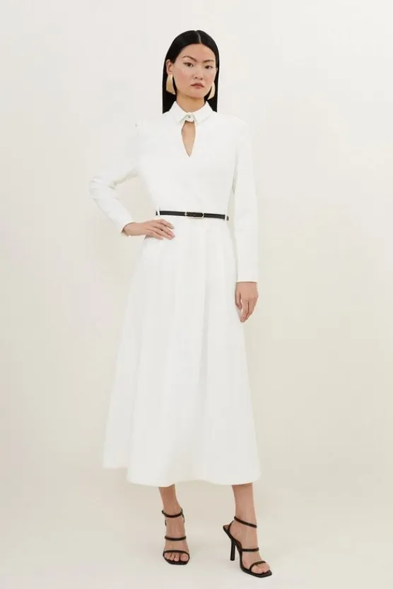 Karen Millen Petite Clean Tailored Pleat Detail Full Skirted Shirt Dress ivory Discount