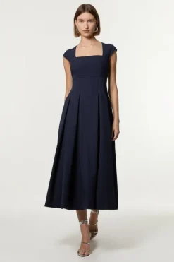 Karen Millen Petite Clean Tailored Square Neck Full Skirted Midi Dress navy Hot