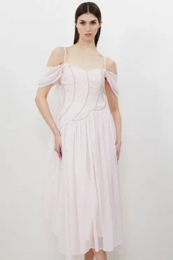 Karen Millen Petite Cold Shoulder Embellished Georgette Woven Maxi Dress blush Clearance