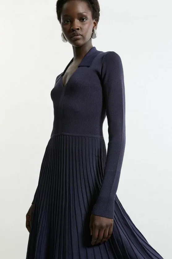 Karen Millen Petite Collared Contrast Color Block Full Skirted Midaxi Knit Dress navy Clearance