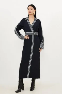 Karen Millen Petite Collared Contrast Twill Woven Belted Midaxi Dress navy Fashion