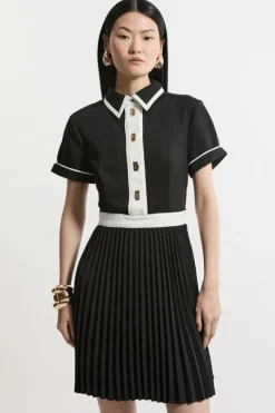 Karen Millen Petite Color Block Twill Pleat Skirt Woven Mini Dress black Discount