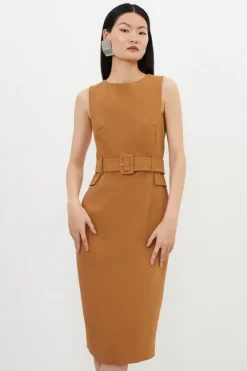 Karen Millen Petite Compact Stretch Belted Tailored Midi Pencil Dress camel Fashion