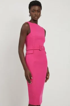 Karen Millen Petite Compact Stretch Belted Tailored Midi Pencil Dress pink New