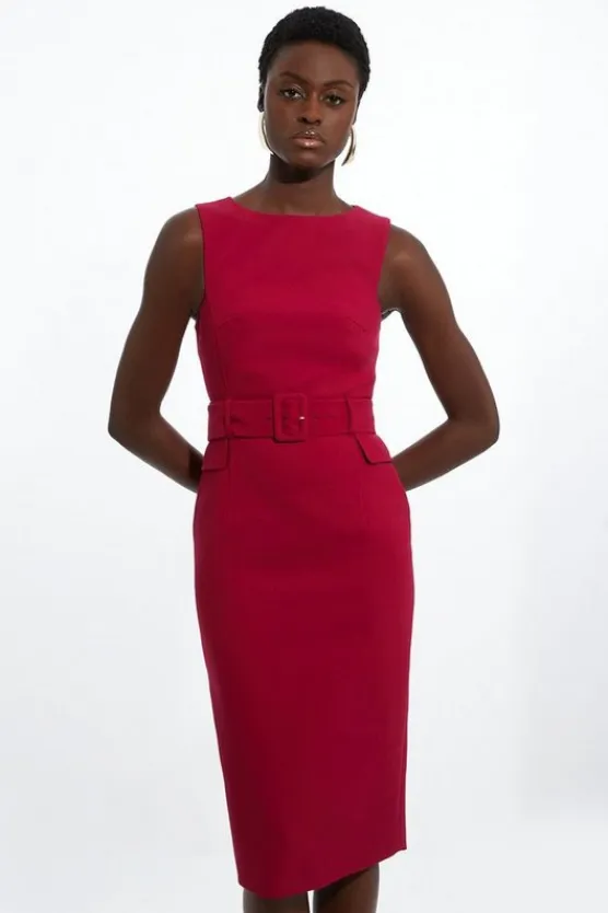 Karen Millen Petite Compact Stretch Belted Tailored Midi Pencil Dress merlot Online