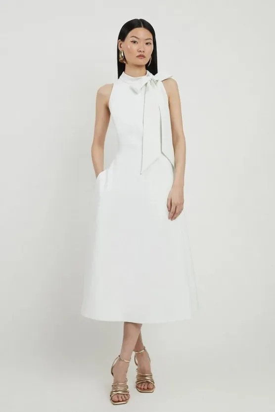 Karen Millen Petite Compact Stretch Bow Tie Neck Full Skirted Midi Dress ivory Hot