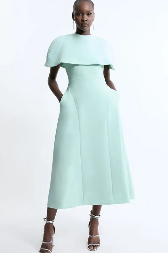 Karen Millen Petite Compact Stretch Cape Sleeve Full Skirt Tailored Midaxi Dress mint Hot