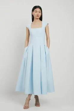 Karen Millen Petite Compact Stretch Clean Tailored Square Neck Full Skirted Midi Dress paleblue Online
