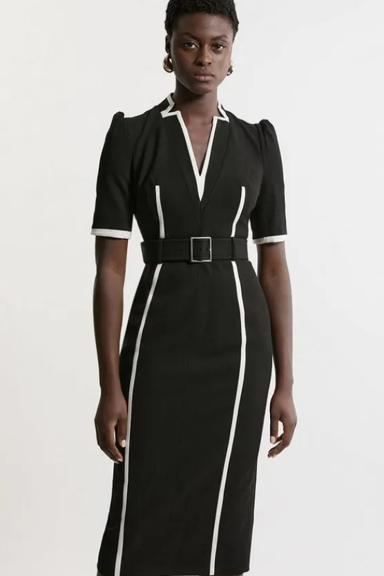 Karen Millen Petite Compact Stretch Contrast Tipped Forever Belted Tailored Midi Dress black Discount