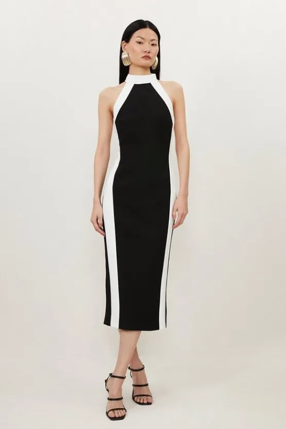 Karen Millen Petite Compact Stretch Contrast Halter Neck Midi Dress black Clearance