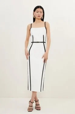 Karen Millen Petite Compact Stretch Contrast Tailored Belted Midi Dress ivory Discount