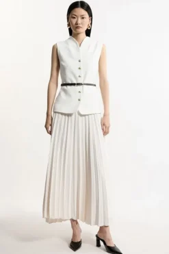 Karen Millen Petite Compact Stretch Fluid Tailored Belted Pleated Full Skirt Maxi Dress ivory Discount