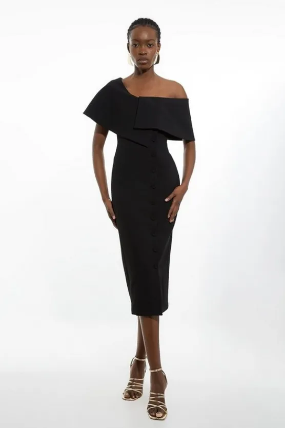 Karen Millen Petite Compact Stretch Off Shoulder Button Through Tailored Midi Pencil Dress black Hot
