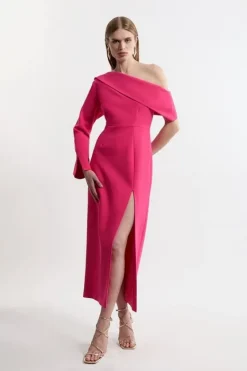 Karen Millen Petite Compact Stretch Open Neck Tailored Midi Dress hotpink Clearance