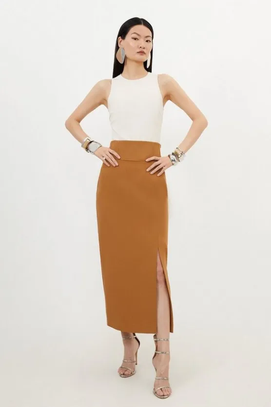 Karen Millen Petite Compact Stretch Side Split Tailored Midi Pencil Skirt camel Online