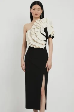 Karen Millen Petite Compact Stretch Taffeta Ruffle One Shoulder Midi Dress mono Discount