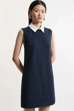 Karen Millen Petite Compact Stretch Tailored Collared Sleeveless Dress navy New