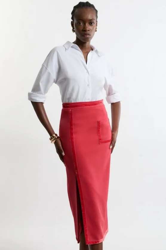 Karen Millen Petite Compact Stretch Tipped Velvet Contrast Collarless Tailo Skirt red Hot