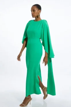 Karen Millen Petite Compact Stretch Viscose Cape Detail Maxi Dress green New