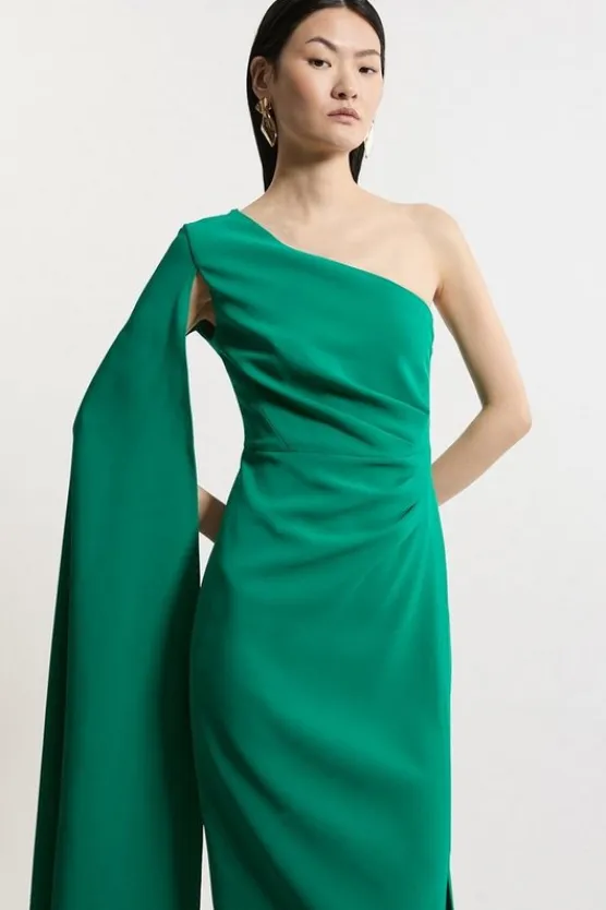 Karen Millen Petite Compact Stretch Viscose One Shoulder Cape Maxi Dress green Fashion