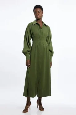 Karen Millen Petite Compact Stretch Viscose Long Sleeve Woven Maxi Shirt Dress khaki Best