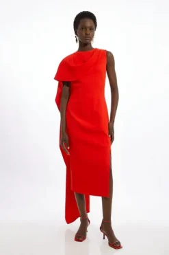 Karen Millen Petite Compact Stretch Viscose Asymmetric Draped Midi Dress tomatored New