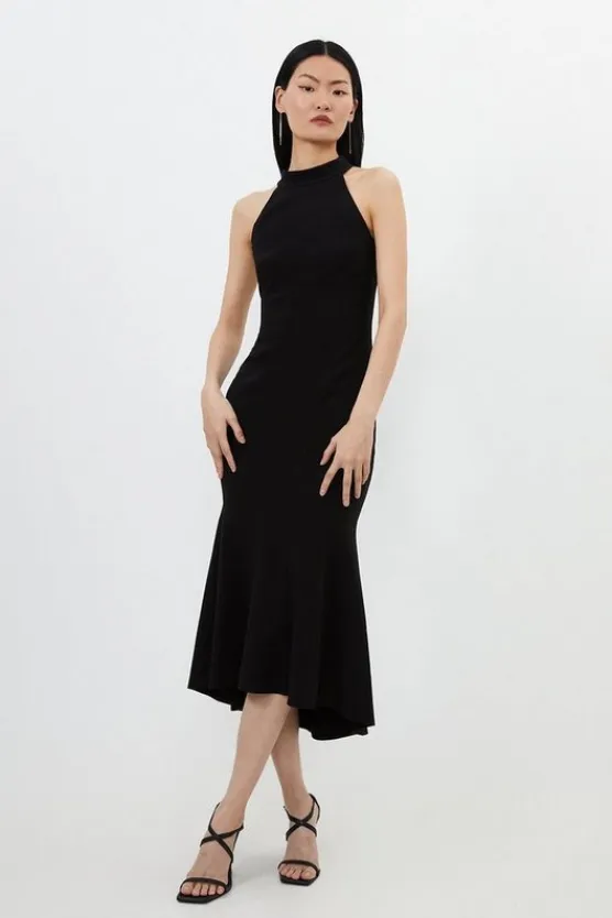 Karen Millen Petite Compact Stretch Waterfall Hem High Neck Midi Dress black Fashion