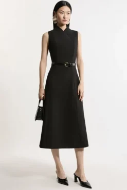 Karen Millen Petite Compact Stretch Wrap Neck Tailored Midi Dress black Hot