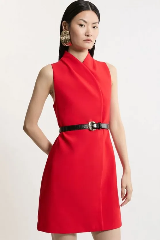 Karen Millen Petite Compact Stretch Wrap Neck Full Skirt Tailo Mini Dress red Outlet